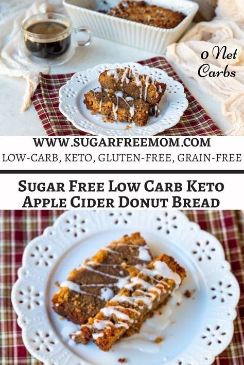 This sugar free low carb apple cider donut bread is not only keto, it’s nut free and dairy free too. 5 grams of protein, 5 grams of total carbs, 5 grams of dietary fiber and 0 g net carbs! Keto Apple Bread, Keto Apple Dessert Recipes, Low Carb Apple Recipes, Low Carb Apple Cider, Keto Apple Cider, Donut Bread, Healthy Breads, Apple Breakfast, Baked Breads