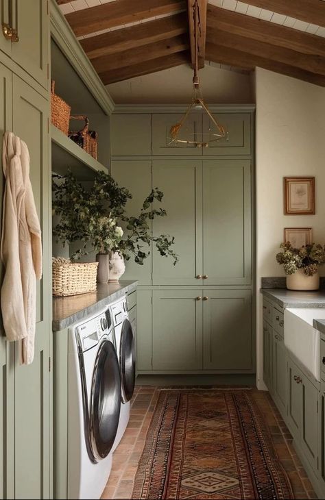 Angie Bailey Light Green Utility Room, Laundry Room Olive Green, Olive Green Utility Room, Olive Green Laundry Room, Green Utility Room, Dark Green Laundry Room, Laundry Room Aesthetic, Green Laundry Room, Boot Room Utility