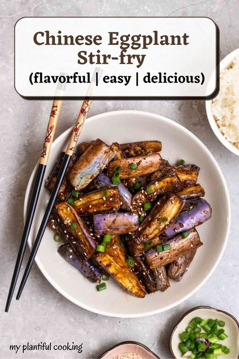 This Chinese eggplant stir-fry features juicy pan-fried eggplant cooked in a flavorful and rich sauce. A simple meatless side dish that is easy to prepare and ready in 30 minutes. Even veggie haters will love this dish! Eggplant Chinese Recipe, Chinese Eggplant Recipes Easy, Chinese Eggplant Recipes, Fried Eggplant Recipes, Pan Fried Eggplant, Ways To Cook Eggplant, Eggplant Stir Fry, Thai Eggplant, Chinese Eggplant