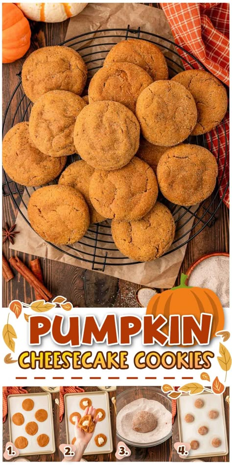 These soft Pumpkin Cookies are filled with a sweetened cream cheese center that takes them from basic to bakery-style! Easy Pumpkin Cheesecake Cookies, Pumpkin Cream Cheese Cookies, Pumpkin Cheesecake Cookies Recipe, Cookies With Cream Cheese Filling, Pumpkin Pudding Cookies, Best Pumpkin Cookies, Pumpkin Cookies With Cream Cheese, Pumpkin Cheesecake Cookies, Soft Pumpkin Cookies