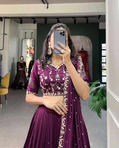 Price : 1800 #apex__outfit Simple yet stunning: Our wine-colored Vichitra Silk Lehenga Choli, featuring delicate sequin and thread embroidery for a sophisticated look 🥀 Lehenga(Stitched) : Lehenga Fabric : Vichitra Silk Lehenga work : Sequins and Thread Embroidery Work With Lace Border Lehenga Waist : SUPPORTED UP TO 42 Lehenga Closer : Drawstring with Zip Stitching : Stitched With Canvas and Can Can Length : 41 Flair : 3.50 Meter Inner : Silk Blouse(Unstitched) : Blouse Fabric : Vichi... Lengha Sari, Lehenga Choli Designs, Bridesmaid Lehenga, Silk Lehenga Choli, Lehenga Dupatta, Navratri Chaniya Choli, Lengha Choli, Indian Wedding Wear, Indian Lehenga