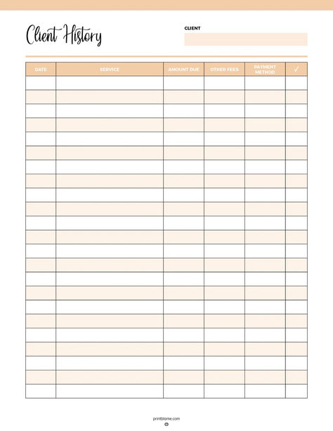 Client payment history tracker with columns for date, service, amount due, other fees, payment method, and a checkbox for payment confirmation. Small Business Tracking Forms, Payment Schedule Template, Record Keeping For Small Business, Client List Template, Raffle Ideas For Small Business, Payment Tracker Printables Free, Spreadsheet Template Business, Business Spreadsheets, Client Record Card