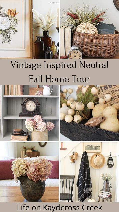 I'm sharing simple ideas for fall decorating with thrifted & vintage pieces in this early Fall home tour.  Hi friends! I really wanted to keep the fall decor simple this year and I will try to do the same for Christmas but I make no promises with that. :) I focused on using my everyday vintage pieces in black, brown and white and added in earthy warm tones such as gold, burnt orange and plum. I always recommend having an inspiration point for decorating. My entire plan for decorating fo Brown And White Fall Decor, Fall Black And White Decor, Adding Fall Touches, Black White Fall Decor, Simple Natural Fall Decor, New Fall Decorating Ideas 2023, Simple Fall Decor Ideas For The Home, Brown Fall Decor, Simple Fall Mantle Decor