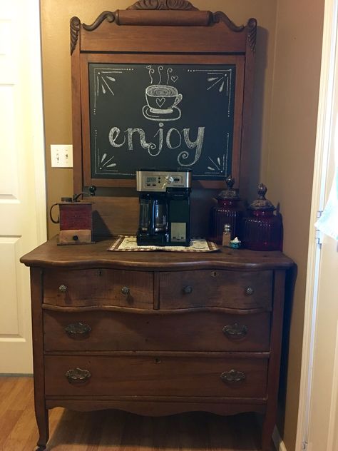 Turn an old dresser into a coffee bar! All we did was use chalkboard paint on the mirror. Easy and super cute! Office Coffee Bar, Diy Coffee Station, Coffee/wine Bar, Coffee Station Kitchen, Coffee Bar Station, Coffee Bar Ideas, Diy Coffee Bar, Coffee Bar Design, Home Coffee Stations