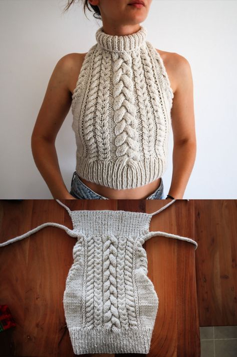 crazy for cables? get plenty of pracice with this cableicous cable knit halter top pattern. Halter Top Knitting Pattern, Cable Knit Tank Top, Knitted Halter Top, Handicraft Ideas, Top Knitting Pattern, Halter Top Pattern, 100 Crochet Stitches, Crochet Sweater Vest, Crochet Tutorial Pattern