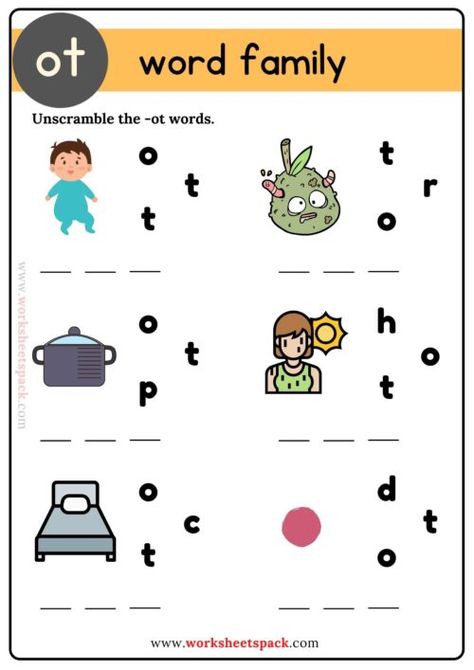 Ot Word Family Unscramble the Words Worksheet. Printable -ot word family handouts for kids. Reading Preschool, Cvc Reading, Games Kindergarten, Word Puzzles For Kids, Two Letter Words, Family Worksheets, Phonics Reading Passages, Nursery Worksheets, Words Worksheet