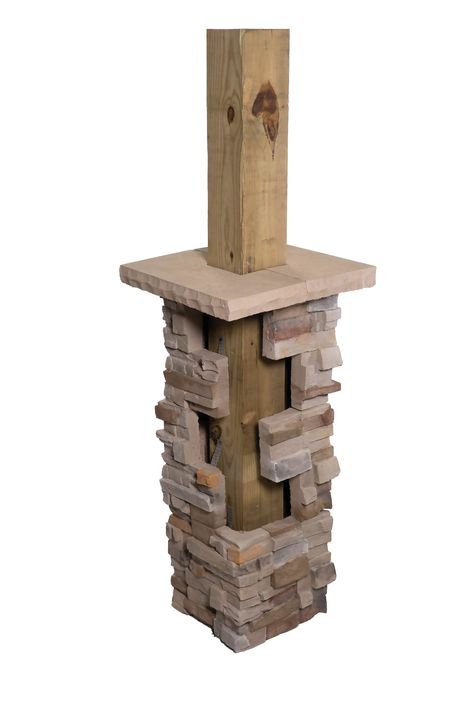 ClipStone® ColumnWrap offers a revolutionary solution: the beauty and feel of a 14" x 14" natural stone column without the hassle and expense of traditional masonry. No mortar, no mess, no masonry experience required. ClipStone ColumnWrap's patent pending technology eliminates the need to frame around the post, saving you time and money. 50 Year Limited Warranty. ClipStone - it’s that easy. ClipStone ColumnWrap ProStack 1-lin ft Poinset Manufactured Stone Veneer | CSS.12.002.2 Diy Front Porch Posts Columns, Brick Post Columns, Cedar Wrapped Porch Posts, Stone Veneer Exterior Houses, Porch Post Wraps, Palm Springs Exterior, Wrapped Columns, Porch Column Wraps, Deck Details