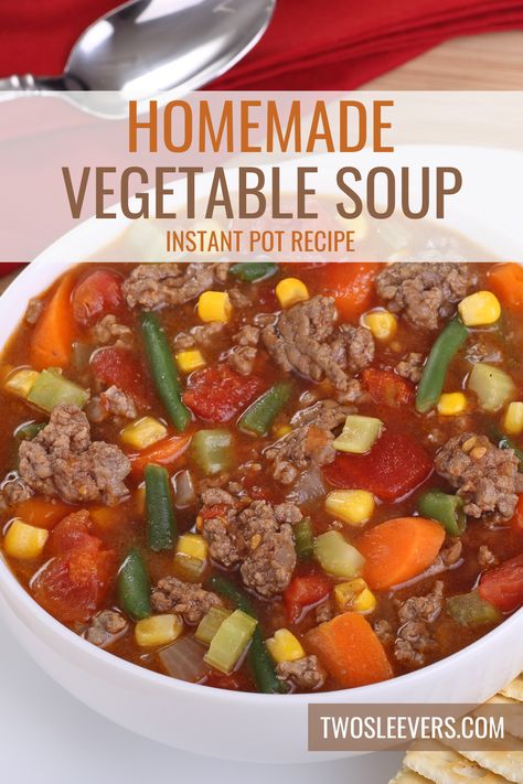 Instant Pot Vegetable Soup is a simple, hearty soup that is made quickly with the help of your Instant Pot. Get your daily dose of veggies served up in a bowl of rich, flavorful tomato and beef broth. Insta Pot Beef And Vegetable Soup, Beef And Vegetable Soup Instant Pot, Vegetable Soup In Instant Pot, Vegetable Soup Instant Pot, Veg Beef Soup, Instant Pot Vegetable Beef Soup, Instant Pot Vegetable Soup, Veg Soup Recipes, Gluten Free Instant Pot Recipes