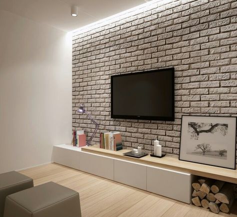 brick wall Brick Wall Tv, Brick Wall Decor, Brick Living Room, Tv Fal, Modern Tv Wall Units, Brick Interior, Tv Unit Interior Design, Wall Tv Unit Design, Living Room Tv Unit Designs