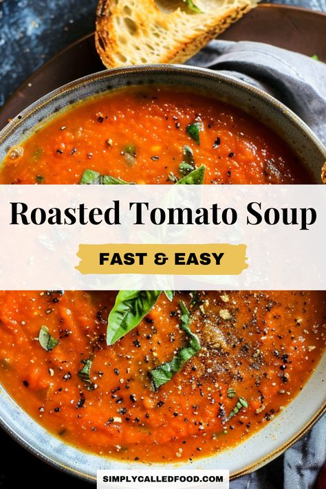 Savor an easy roasted tomato soup recipe, perfect for a healthy, homemade meal. Made with fire-roasted tomatoes, garlic, onion, and basil, this creamy soup is dairy-free, vegan, vegetarian, and keto-friendly. A simple, quick, and fast recipe. You can prepare roasted tomato soup in a Crock Pot, instant pot, slow cooker, pressure cooker, or stove top. For this roasted tomato soup recipe and more soup recipes, visit simplycalledfood.com. Quick Roasted Tomato Soup, Tomato Soup Blender Recipes, Condensed Tomato Soup Substitute, Non Dairy Tomato Soup, Roasted Tomato Soup For Canning, Roasted Tomatoes For Soup, Raw Tomato Soup, Diy Tomato Soup Fresh Tomatoes, Tomato Rosemary Soup