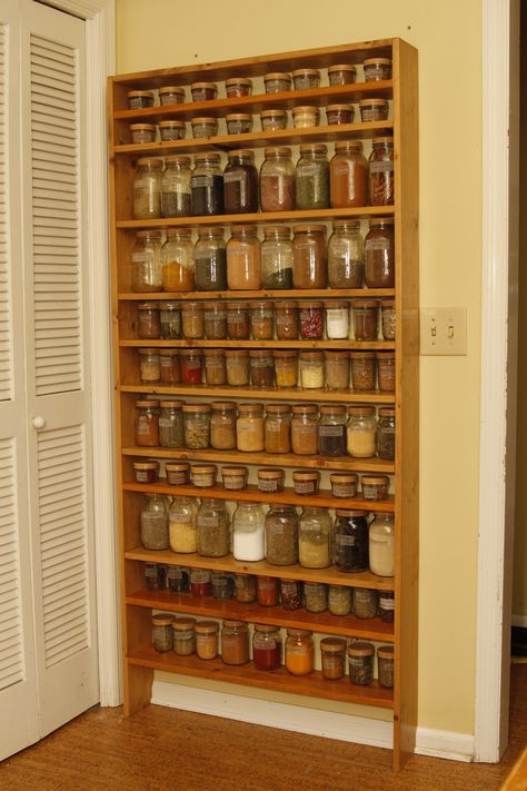 Wall Shelf For Spices, Mason Jar Pantry Storage Open Shelving, Open Shelf Spice Storage, Kitchen Lids Storage, Mason Jar Seasoning Storage, Apothecary Spice Jars, Large Spice Storage, Witchy Spice Rack, Boho Witchy Kitchen