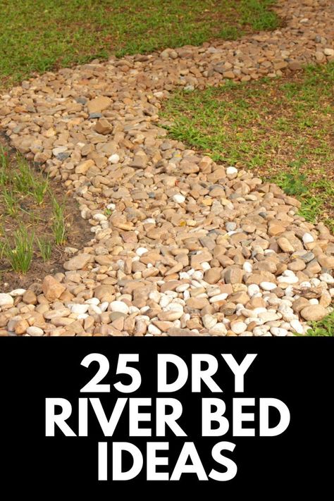 Dry Bed Creeks, Using River Rock In Landscaping, River Gravel Landscaping Ideas, Dry Bed Landscaping, Bridge Over Dry Creek Bed, Dry River Bed Drainage, Dry Creek Bed Ideas, Rock Bed Landscaping Ideas, Rock Creek Landscaping