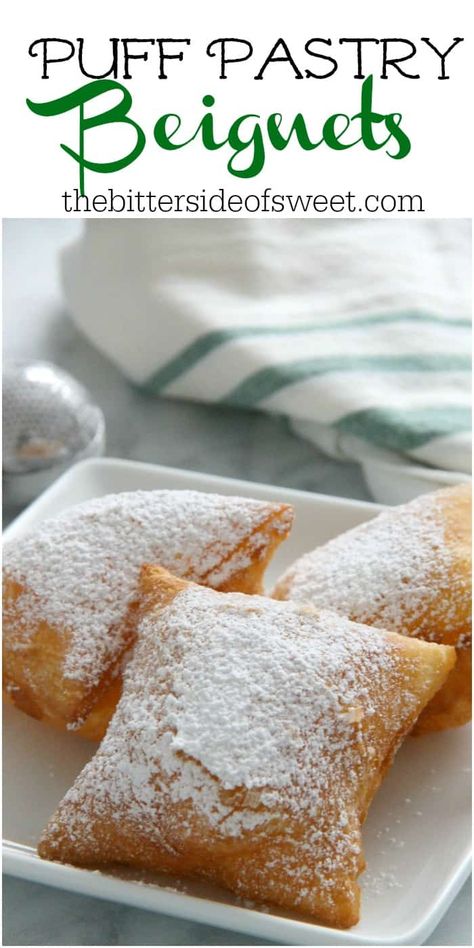 Puff Pastry Beignets are here for you when you're ready to let the good times roll. They don't have to just be for Fat Tuesday! | The Bitter Side of Sweet #puffpastry #dessert Puff Pastry Beignets, How To Bake Puff Pastry, French Puff Pastry Desserts, Deep Fried Puff Pastry, Pillsbury Pastry Recipes, Bakery Goods Pastries, Puff Pastry Doughnut Recipe, Fried Puff Pastry, Dessert With Puff Pastry Easy