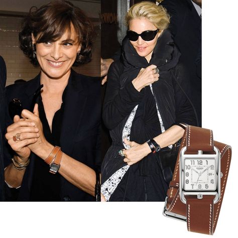 Ines de la Fressange and Madonna wearing the Cape Cod by Hermès.  http://www.hautehorlogerie.org/fr/les-marques/marque/s/hermes/ Hermes Cape Cod Watch Women, Hermes Cape Cod Watch, Hermes Apple Watch, Womens Designer Watches, Hermes Watch, Wear Watch, Fancy Watches, Vintage Watches Women, Celebrity Jewelry