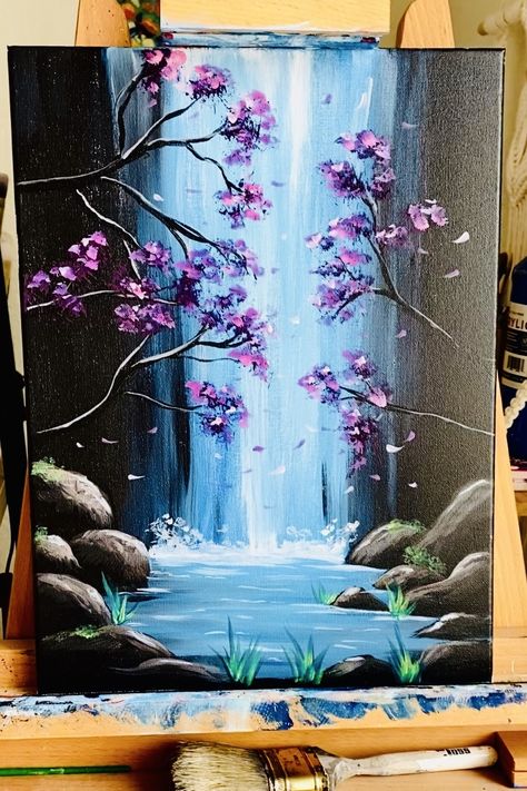 Waterfall Canvas Painting Easy, Canvas Painting Ideas Waterfall, Painting Ideas On Canvas Waterfall, Simple Waterfall Painting, Waterfalls Acrylic Painting, Landscape Paintings Waterfall, Water Fall Painting Easy, Waterfall Acrylic Painting Easy, Waterfall Painting On Canvas