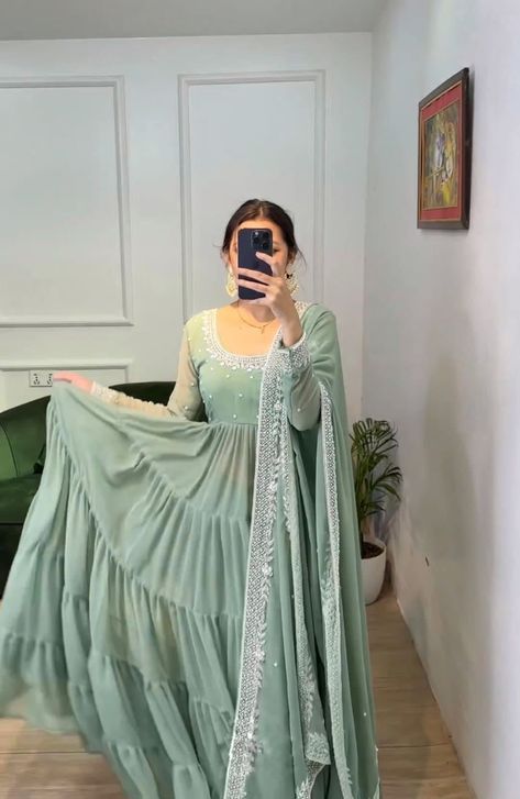 Dress For Mehandi, Full Flared Anarkali, Traditional Dresses Indian, Flair Gown, Long Anarkali Gown, Moti Work, Cotton Gowns, Designer Anarkali, Anarkali Gown