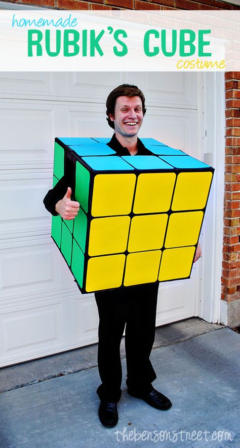 Homemade Rubik's Cube Costume Tutorial at thebensonstreet.com #diy #halloween Rubiks Cube Costume, Boys Halloween Costumes Diy, Costumes Faciles, Diy Fantasia, 80s Halloween Costumes, Teen Halloween, 80s Costume, Diy Kostüm, Homemade Halloween Costumes