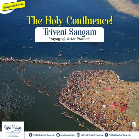 Many worshippers flock to the exceedingly holy and auspicious #TriveniSangam. It is the meeting point of three sacred rivers: the #Ganga, the #Yamuna, and the #Saraswati. This auspicious Sangam forms a part of the #AdhyatmikCircuit in #UttarPradesh. #UPTourism #SpiritualTourism Sangam Prayagraj, Uttar Pradesh, Flocking, Tourism, Spirituality, Quotes, Quick Saves