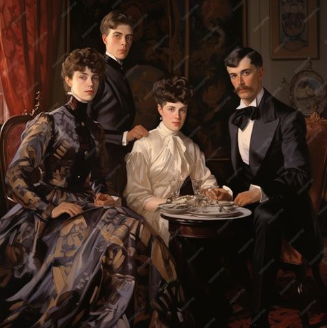 Premium AI Image | a family is posing for a photo in a painting. 1900 Family Portrait, Family Painted Portrait, Royal Portraits Painting Couple, Family Portrait Poses Drawing, Royal Family Painting, Family Of Four Photo Ideas, Royal Portraits Painting, Family Portrait Painting, Royal Family Portrait