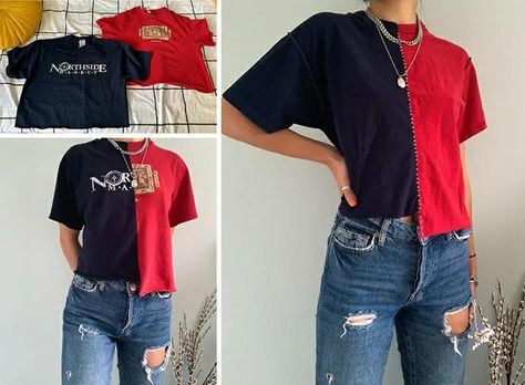 Sew Two Shirts Together, Remaking Clothes Upcycling, Old Clothes Diy, Thrift Flip Clothes, Remake Clothes, Reworked Clothes, Clothes Upcycle, Clothing Upcycle, Upcycle Clothes Diy