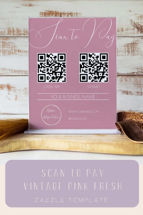 These elegant pink scan to pay sign are customizable and your business info is easy tot add **also as instant download**. With 2 QR codes you can choose venmo, paypal, cashapp or any other payment app to link to your sign for customers to easily pay for there purchase. Business Names, Qr Code, Vintage Pink, Coding, Signs, Pink