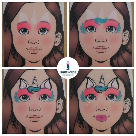 Face Painting Easy Unicorn, Unicorn Face Paint Easy Step By Step, Christmas Unicorn Face Paint, Unicorn Makeup Kids, Quick Face Painting Ideas For Kids, Unicorn Face Paint Easy, Face Painting Step By Step, Face Paint Template, Face Paint Unicorn