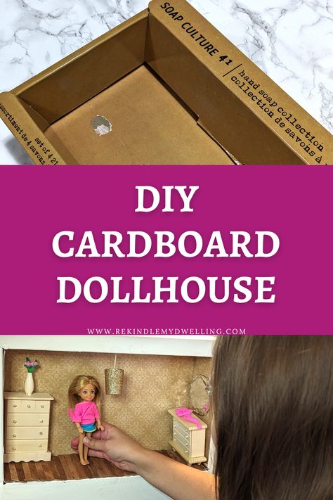 Collage of a box and a girl playing with an upcycled dollhouse. How To Make Doll House Furniture Out Of Cardboard, Diy Barbie House Cardboard, Cardboard Box Doll House, Cardboard Dollhouse Diy, Dollhouse Cardboard, Cardboard Creations, Cardboard Dollhouse, Barbie House Furniture, Diy Barbie House