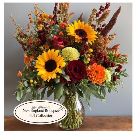 Introducing Lori Trovato's England Bouquet Fall Collection, a stunning celebration of the season’s beauty. This exclusive collection features vibrant sunflowers paired with rich fall blooms in traditional autumn hues of warm oranges, deep reds, and golden yellows. Designed by Master Flower Designer Lori Trovato, each arrangement embodies the essence of New England's fall charm, bringing the warmth of the harvest season into your home. Perfect for cozy gatherings, seasonal decor, or a thoughtful Sunflowers And Burgundy Flowers, Unique Fall Wedding Bouquets, Wild Flower Fall Bouquet, Fall Fresh Floral Arrangements, Autumn Flower Centerpieces, Early Fall Flowers, Fall Sunflower Arrangements, Autumn Bouquet Floral Arrangements, November Floral Arrangements