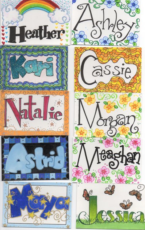 Name tags I drew for kids I work with.  2 Name Tags Art Project, Name Plates For Classroom Student Desks, Name Posters For Students, Name Tag Drawing Ideas, Name Tag Art Project, Name Portfolio Art Projects, Classroom Name Tag Ideas, Name Tag Art Ideas, Name Tag Design Art