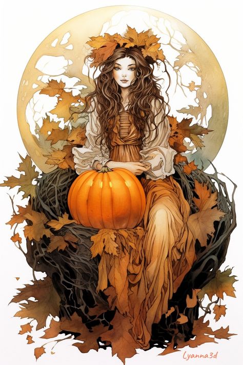 #Halloween #autumn Autumn Queen Art, Autumn Witch Art, Mabon Goddess, Autumn Fantasy Art, Fall Goddess, Autumn Fae, Autumn Elf, Fairies Aesthetic, Autumn Princess