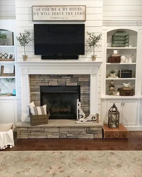 Ideas for Decorating Around a TV Over the Fireplace Mantel, shiplap white fireplace and mantel via Our Vintage Nest Rustic Farmhouse Fireplace, Farmhouse Fireplace Decor, Fireplace And Tv, Tv Over Fireplace, Mantle Ideas, Farmhouse Style Living Room, Ship Lap, Fireplace Built Ins, Fireplace Designs