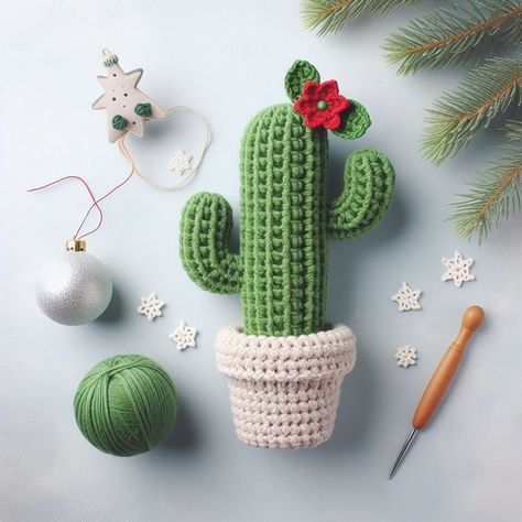 Christmas Crochet Cactus Ornament Pattern Free Cactus Crochet Pattern Free, Crochet Cactus Free Pattern, Crochet Succulent, Pom Pom Flowers, Crochet Cactus, Crochet Christmas Decorations, Yarn Tail, Zig Zag Pattern, Charm Gift