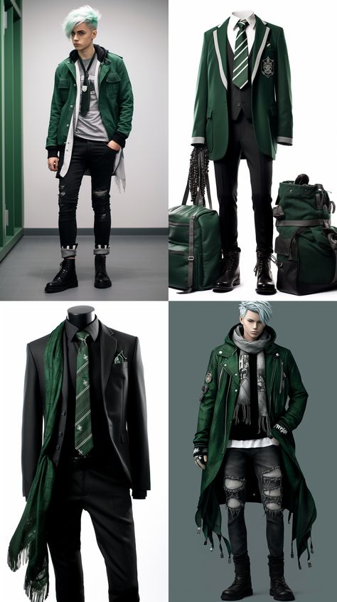 Slytherin Outfit Ideas Men, Slytherin Suit, Harry Potter Slytherin Outfits, Slytherin Outfit Men, Male Fantasy Clothing Casual, Cloak Designs, Slytherin Aesthetic Fashion, Hogworts Clothes, Slytherin Outfit Ideas