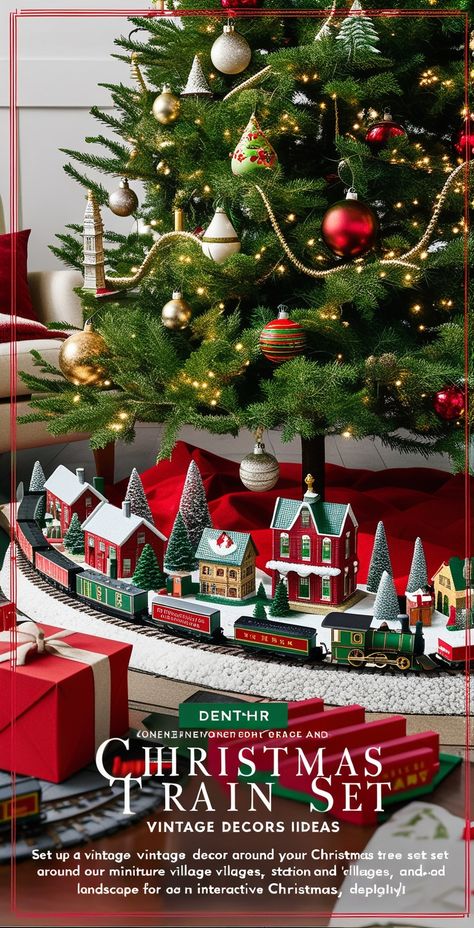 Set up a vintage train set around your Christmas tree, complete with miniature villages, stations, and landscapes for an interactive holiday display.
#VintageTrain #TrainSetChristmas #MiniatureLandscape Christmas Train Set Display, Train Under Christmas Tree, Christmas Village Set Up Ideas, Train Around Christmas Tree, Christmas Tree Train Set, Light Up Presents, Christmas Tree Train, Christmas Train Set, White Tinsel