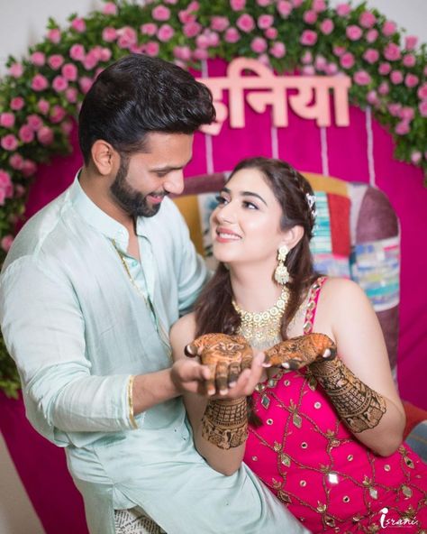 an intimate, at home mehndi for Rahul Vaidya & Disha Parmar Mhendi Pose For Couple, Mehndi Poses For Bride And Groom, Teej Photoshoot Couple, Mahendi Couple Poses, Teej Special Pose, Mehndi Poses Photography Couple, Mehendi Poses For Bride And Groom, Mehendi Photoshoot Couple, Mehandi Couple Poses