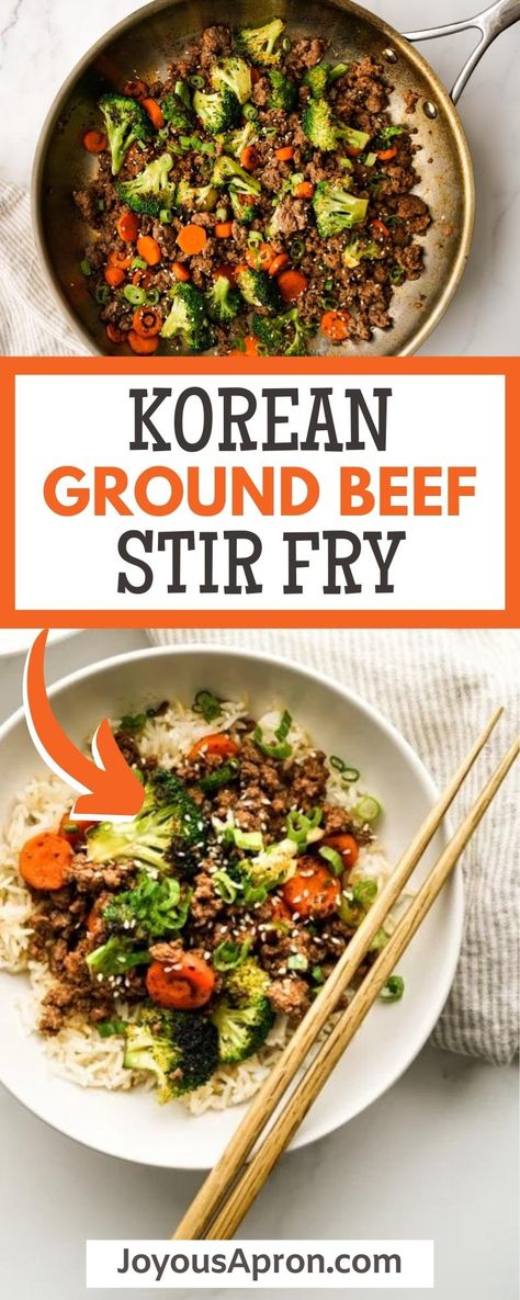 Easy Ground Beef Stir Fry recipe for a quick and yummy dinner! Ground lean beef, broccoli, carrots, garlic tossed in a bold-flavored zesty, savory and sweet Korean inspired sauce. Ground Beef And Brocolli Recipe, Ground Beef Broccoli Recipe, Mediterranean Beef, Beef Stir Fry Recipe, Joyous Apron, Ground Beef Stir Fry, Korean Stir Fry, Gochujang Recipe, Korean Ground Beef