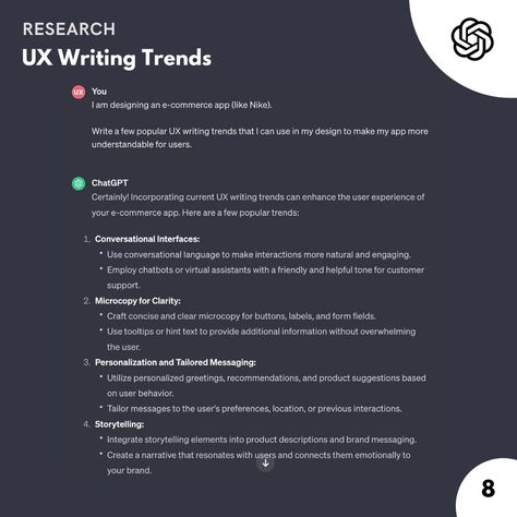 🤖 How can ChatGPT help to improve the quality of UX Writing? ➡ A combination of UX Writing and ChatGPT brings a new era in crafting compelling user-centric content. ➡ UX writers need to expand their productivity and outcomes by leveraging the power of AI. ➡ The UX writing and AI together redefine how we engage with our users. ➡ Defining the right prompts and asking quality questions as prompts will help you take advantage of ChatGPT to improve your work. See the first comment to get ... Ux Writing, E-commerce App, Me App, Writing Quotes, User Experience, Ui Ux Design, Virtual Assistant, Ux Design, How Can