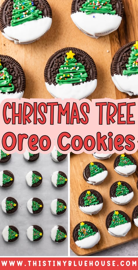 These Christmas tree Oreos are the perfect treat to make during the holiday season.    Oreo cookies are dipped in a candy coating and then decorated with icing and festive sprinkles to create easy Christmas cookies perfect for any holiday party, potluck or bake sale. Oreo Christmas Tree Cookies, Christmas Oreo Cookies Decorated, Christmas Tree Oreos, Holiday Oreo Cookies, Christmas Treats Oreos, Oreo Holiday Cookies, Oreo Christmas Tree, Oreo Cookie Christmas Treats, Christmas Oreo Desserts