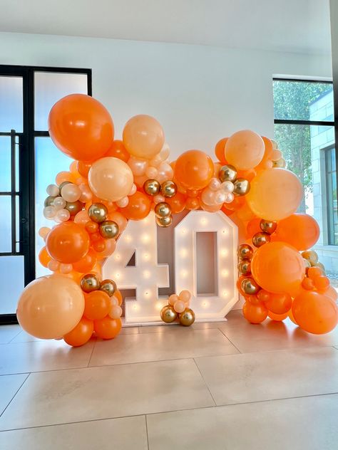 Orange Decorations Party Birthday, 50 Shades Of Orange Party Ideas, Orange And Yellow Party Decorations, Orange Prom Decorations, Birthday Color Themes For Women, Orange Theme Birthday Party, Orange Birthday Decorations, Orange Color Party, Orange Party Theme