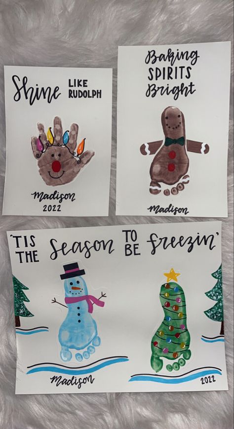 Holiday Art Toddlers, Christmas Presents From Toddlers To Parents, Preschool Canvas Art Ideas Christmas, Infant Art Projects Winter, Thanksgiving Crafts 2 Yo, Snowmen Footprint Art, Infant Room Christmas Crafts, Rudolph Crafts For Toddlers, Infant Room Christmas Decorations