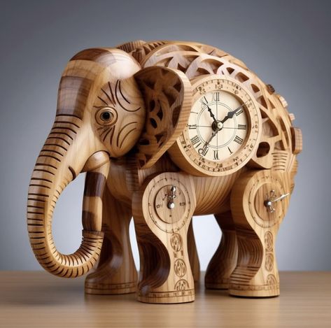 Elephant Clock, Animal Clock, Elephant Home Decor, Wooden Clocks, Handmade Clocks, Cuckoo Clocks, Timeless Interiors, Tree Carving, N Craft