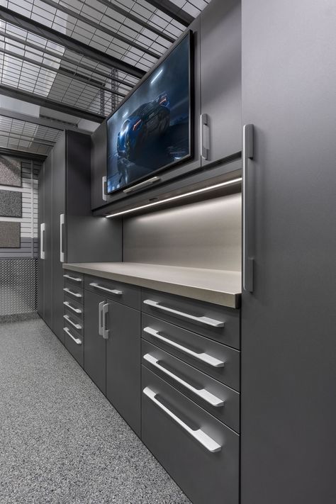 Corporate - Products - TECNICA Toolshed Organization Ideas, Long Garage Ideas, Husky Garage Cabinets, Garage Business Setup, One Car Garage Storage Ideas, Car Garage Ideas Man Caves, Single Car Garage Ideas, Modern Garage Design Interior, Custom Garage Ideas