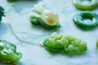 A detail photograph of a Chifa x Sweet Saba green jade candy necklace. Sweet Jewelry, Candy Necklaces, Dessert Tray, Sweet Necklace, Food Places, Evening Meals, On The Menu, Jade Jewelry, The Menu