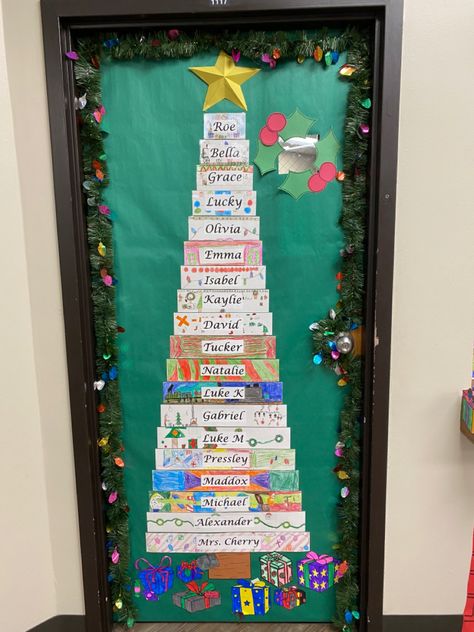 Decorate School Doors For Christmas, Christmas Sweater Door Decoration, Diy Large Nativity Scene, Cute Christmas Classroom Door Ideas, Gift Door Decoration Christmas, Christmas Themed School Doors, Christmas Tree For Classroom Door, Rocking Around The Christmas Tree Door, Classroom Door Decoration Ideas Creative Christmas