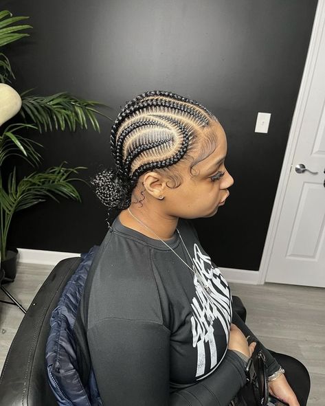 Braided Hairstyles For Black Women Cornrows Updo Natural Hair, Fed In Ponytail, Corn Row Natural Hairstyle, Stitch Braids On Big Forehead, Back Way Cornrow Braids, Eight Cornrows Braids, Curvy Feed In Braids, Popular Braid Styles, Stitch Braids Big Forehead