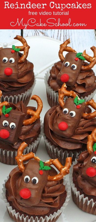 Learn how to make these CUTE and easy Reindeer Candy Bar Cupcakes in My Cake School's free video tutorial! Candy Bar Cupcakes, Easy Christmas Cupcakes, Cupcakes Christmas, Reindeer Cupcakes, Christmas Cupcakes Recipes, Christmas Cupcakes Decoration, Reindeer Candy, Cupcake Tutorial, Christmas Cake Pops