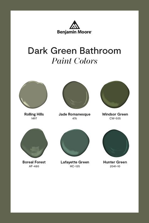 Looking to add a moody touch to your home’s palette? These statement-making dark green paint colors from Benjamin Moore are perfect for bathrooms. Dark Green Moody Bathroom, Creekside Green Benjamin Moore, Dark Green Small Bathroom, Tarrytown Green Benjamin Moore, Benjamin Moore Dark Green, Green Bathroom Paint Colors, Bathroom Paint Colors Ideas, Benjamin Moore Green Paint Colors, Green Small Bathrooms