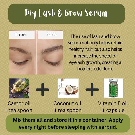 Eye Brow Growth Serum Diy, Homemade Eyebrow Growth Serum, Diy Lash And Brow Growth Serum, Oils For Eyebrow Growth, Brow Growth Diy, How To Grow Eyelashes And Eyebrows, Lash And Eyebrow Growth Serum, Serum For Eyebrow Growth, Coconut Oil For Eyelashes Growth