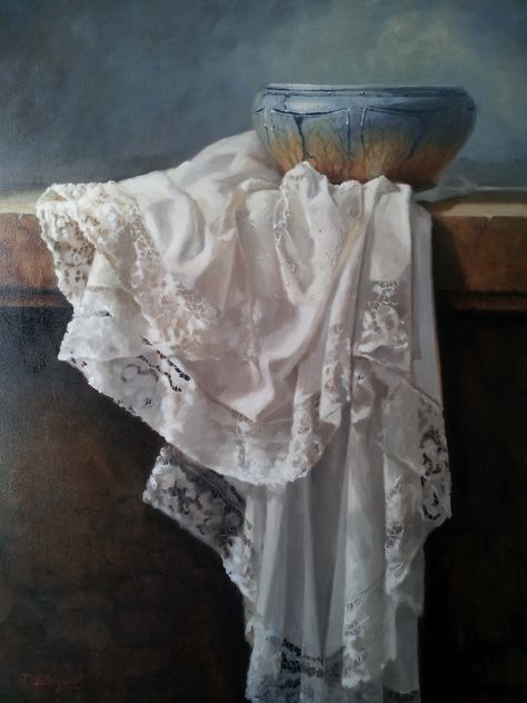 I'm drawn to white and fabrics like a moth to a flame!  And, since my last painting of my french lace table cloth and pot quickly sold, I ... Still Life 2, Still Life Photos, Still Life Oil Painting, 수채화 그림, Paintings I Love, Painting Still Life, Still Life Art, Tempera, Malbec