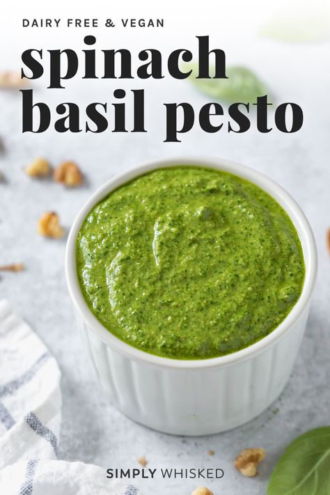 This dairy free pesto sauce is super easy to make and uses nutritional yeast instead of parmesan cheese. This pesto recipe is dairy free, vegan and gluten free. Use it on pasta, pizza, or your favorite protein for an easy flavorful meal. Spinach And Basil Pesto, Basil Spinach Pesto, Vegetarian Sauces, Spinach Basil Pesto, Vegan Pesto Recipe, Dairy Free Pesto, Pesto Recipes, Basil Pesto Sauce, Nutritional Yeast Recipes